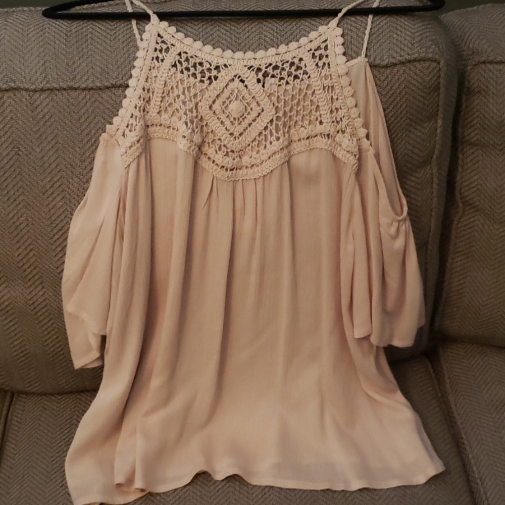 Tan mesh top cold shoulder
